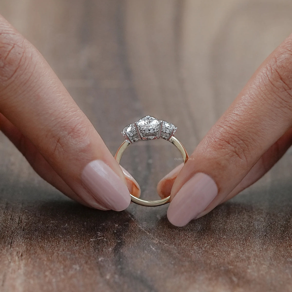 Three Stone Pear Diamond Hidden Halo Engagement Ring Rings