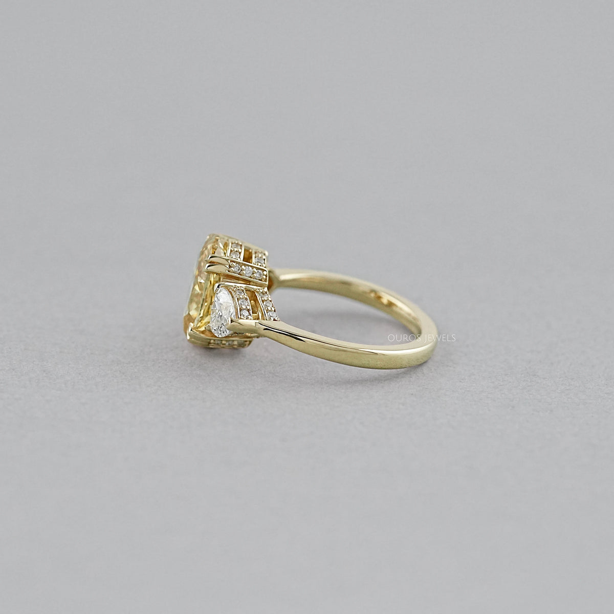Fancy Vivid Yellow Oval Cut Hidden Halo Three Stone Ring Ring