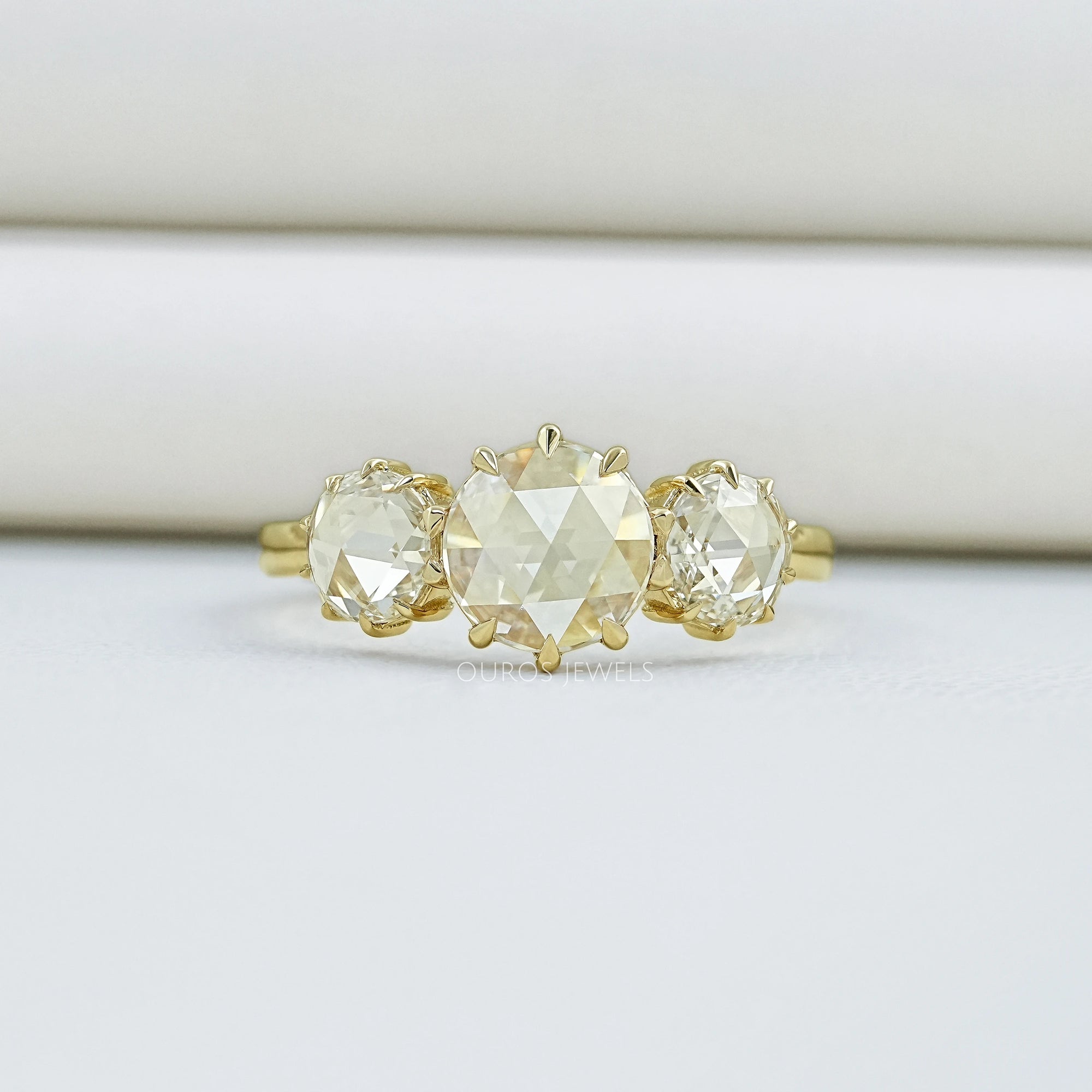 Three Stone Rose Cut Round Engagement Ring Ring