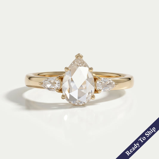 Three Stone Rose Cut Pear Diamond Engagement Ring Ring