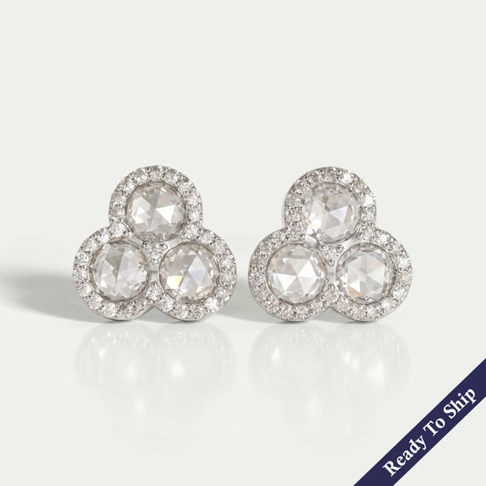Trio Rose Cut Round Diamond Halo Stud Earrings Earring