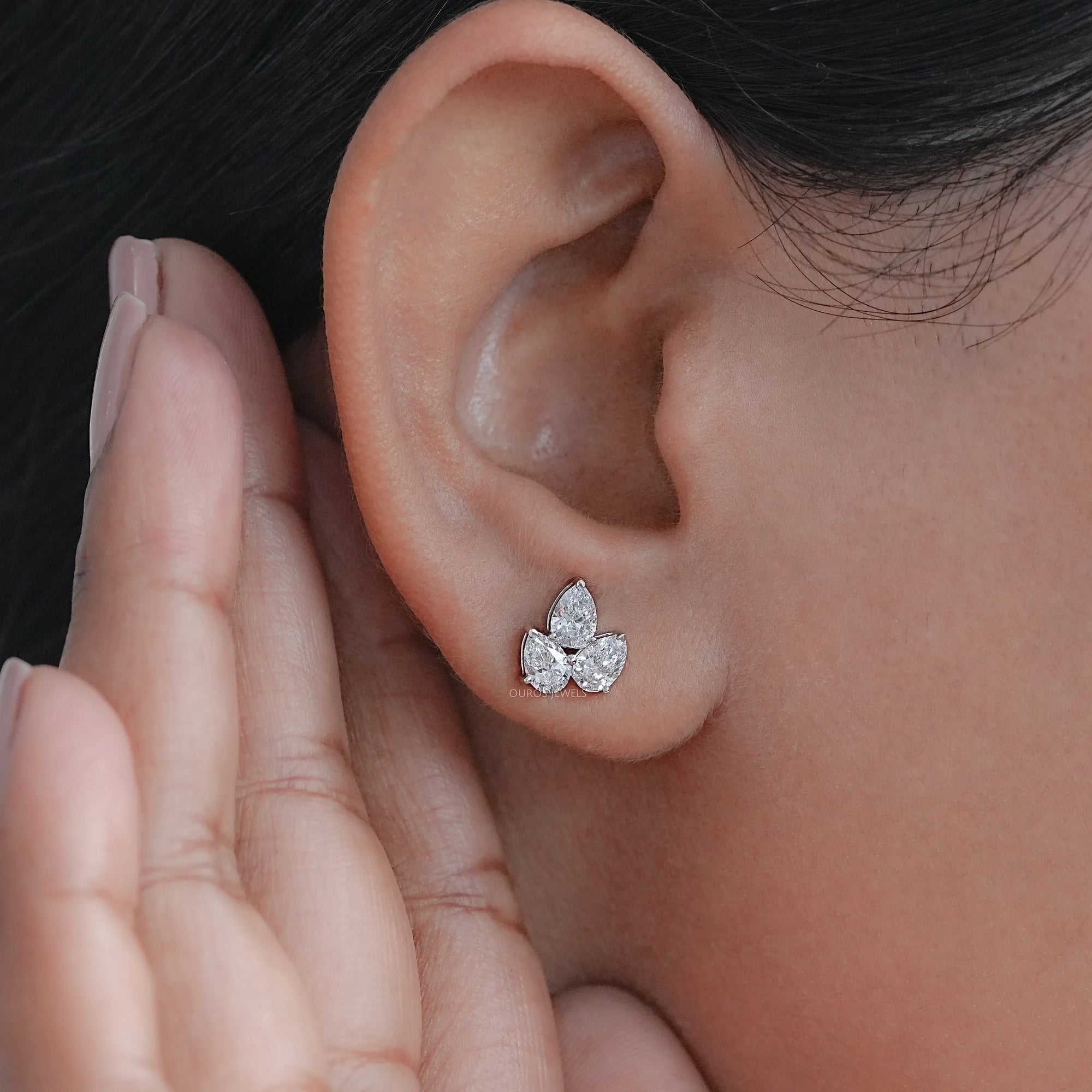 Three Stone Pear Cut Lab Diamond Stud Earrings Earrings