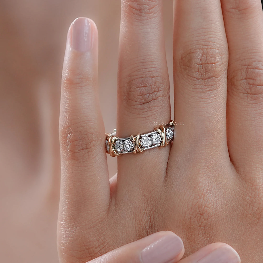Two Tone Round Diamond Crossover Eternity Wedding Band Rings