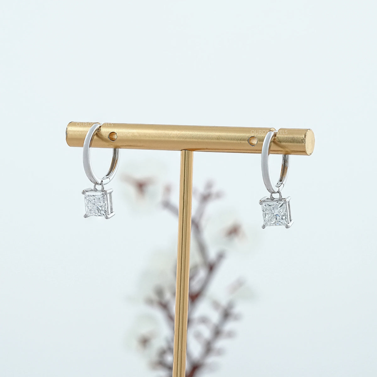 Lab Diamond Princess Cut Dangle Hoop Earrings