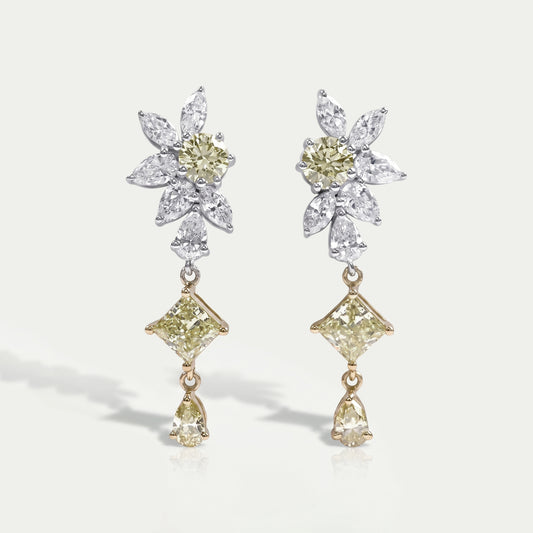 Yellow And White Diamond Floral Drop Earrings Earrings