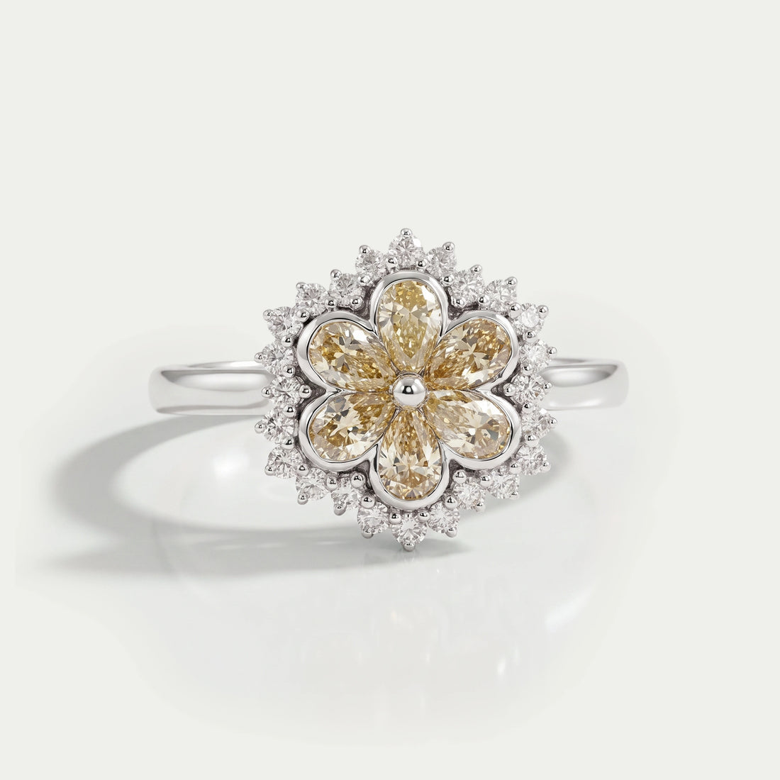 Yellow Pear Cut Floral Halo Diamond Ring Ring