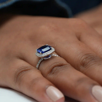 Blue Cushion Cut Halo Diamond Engagement Ring
