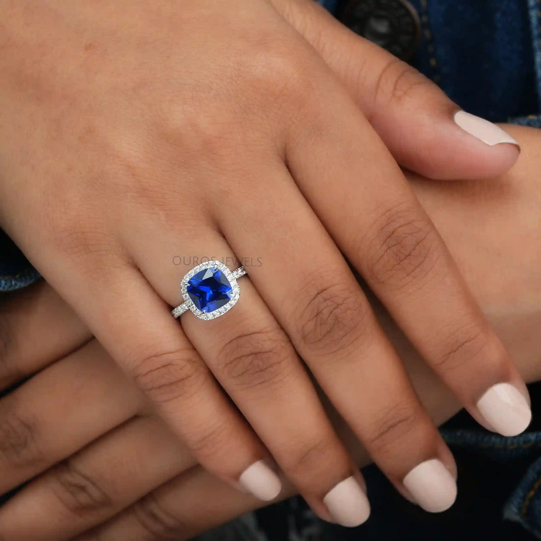 Blue Cushion Cut Halo Diamond Engagement Ring