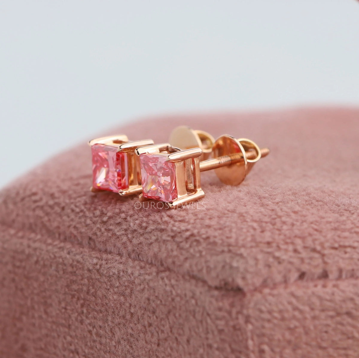 Pink Princess Cut Solitaire Stud Earrings