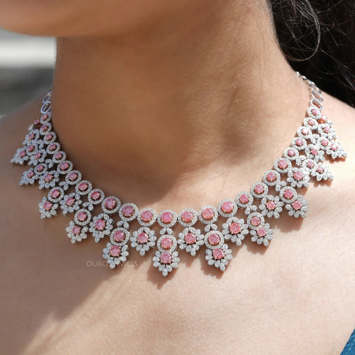 Pink Round Cut Lab Diamond Bridal Necklace Set Necklaces