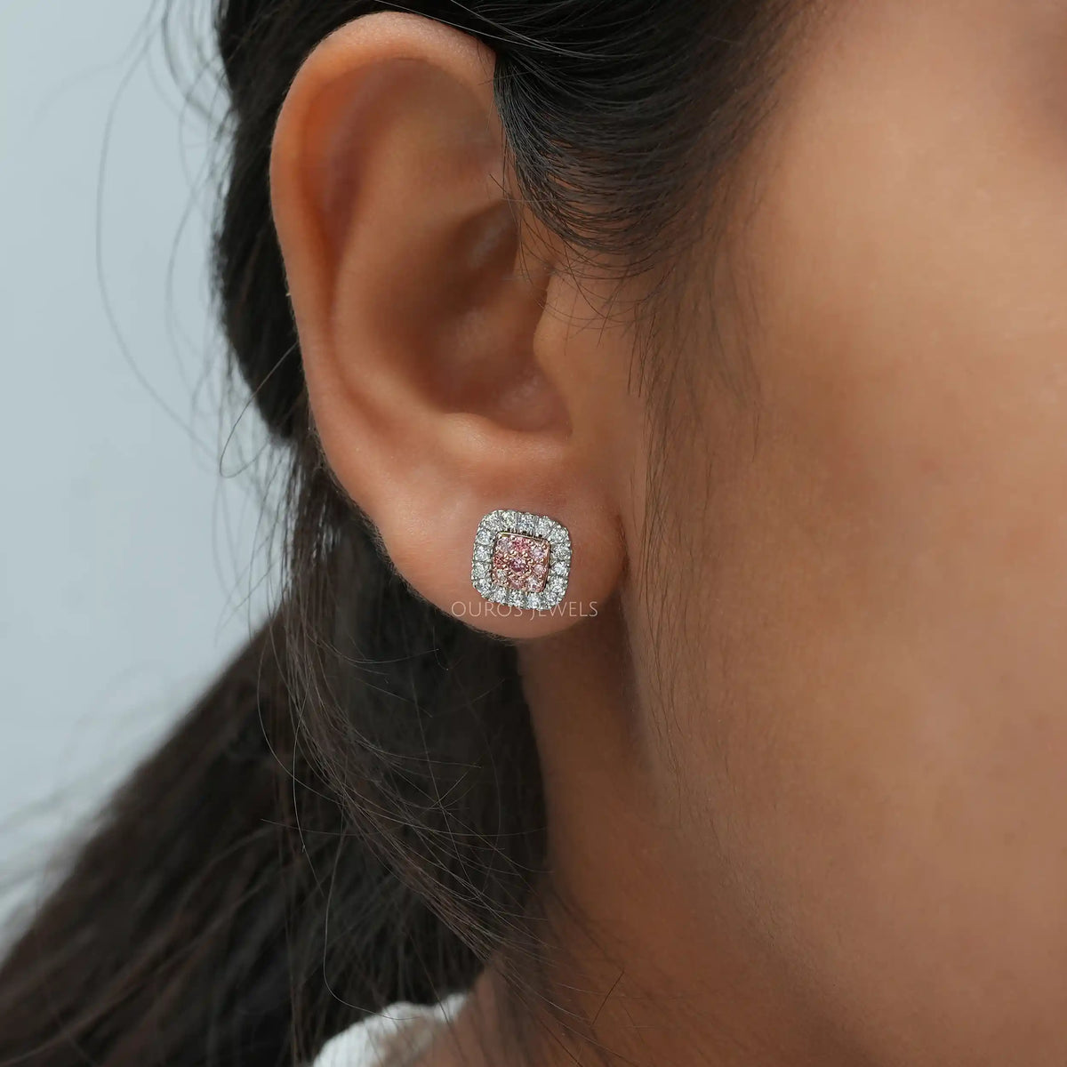 Pink Round Cut Lab Grown Diamond Halo Stud Earrings Earrings