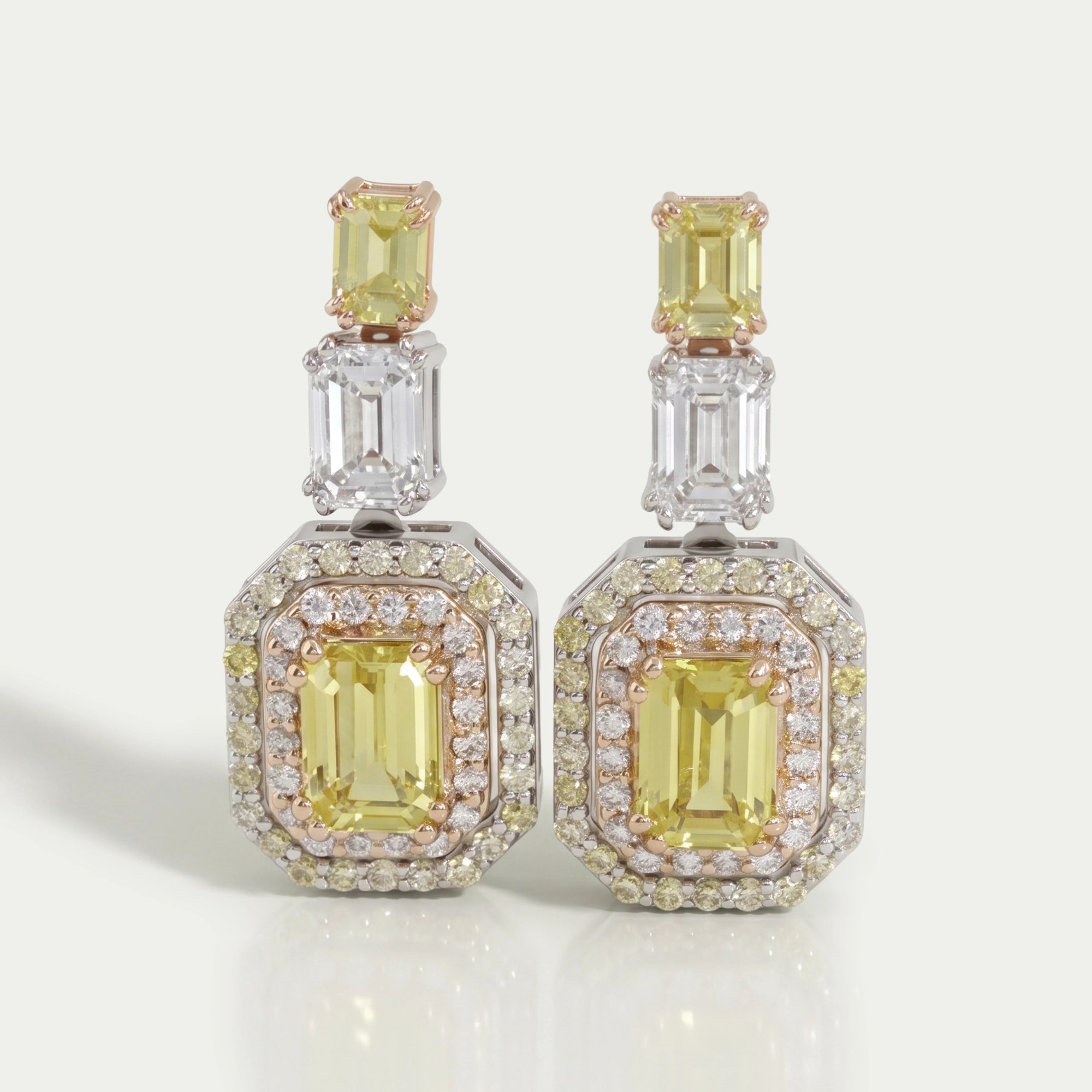 Yellow Emerald Lab Gemstone Double Halo Drop Earrings