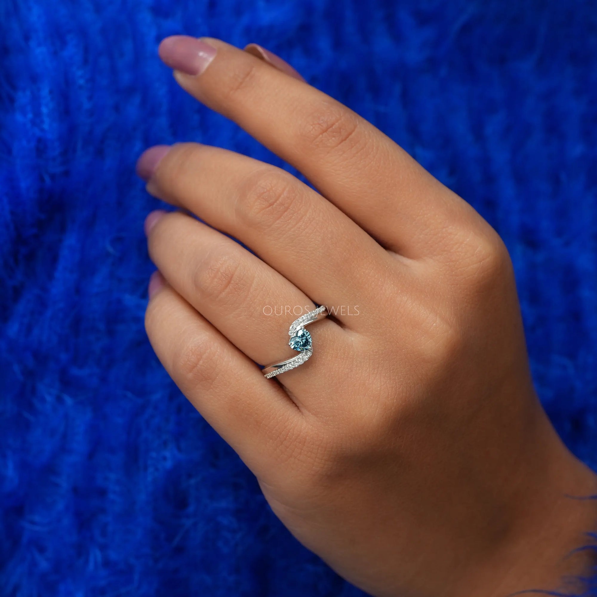 Blue Heart Cut Solitaire Accent Diamond Ring