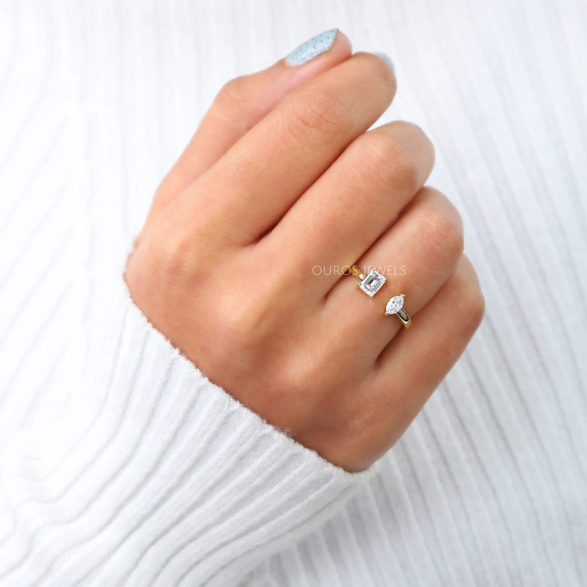 Emerald And Marquise Lab Diamond Open Cuff Ring