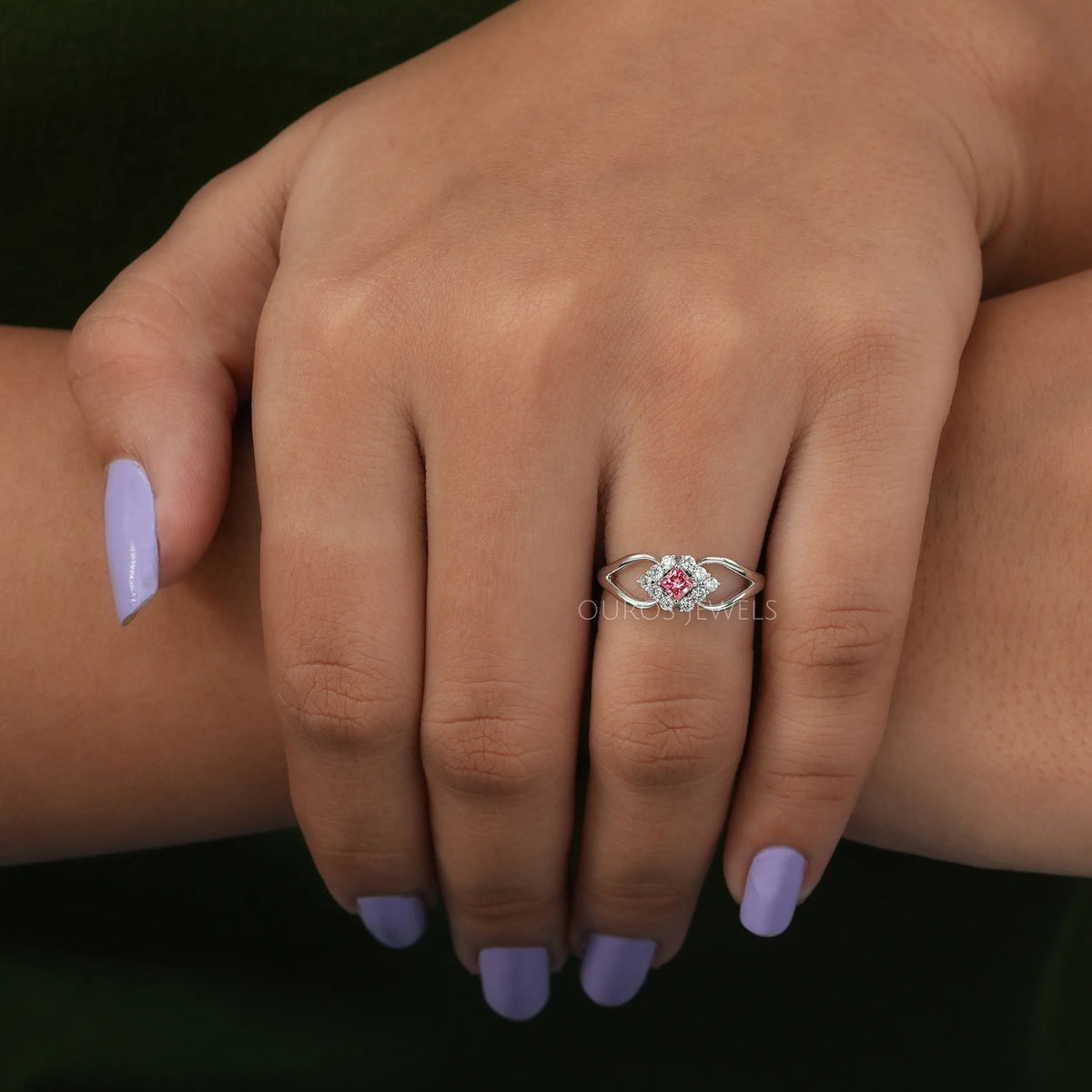 Pink Princess Cut Halo Split Shank Ring