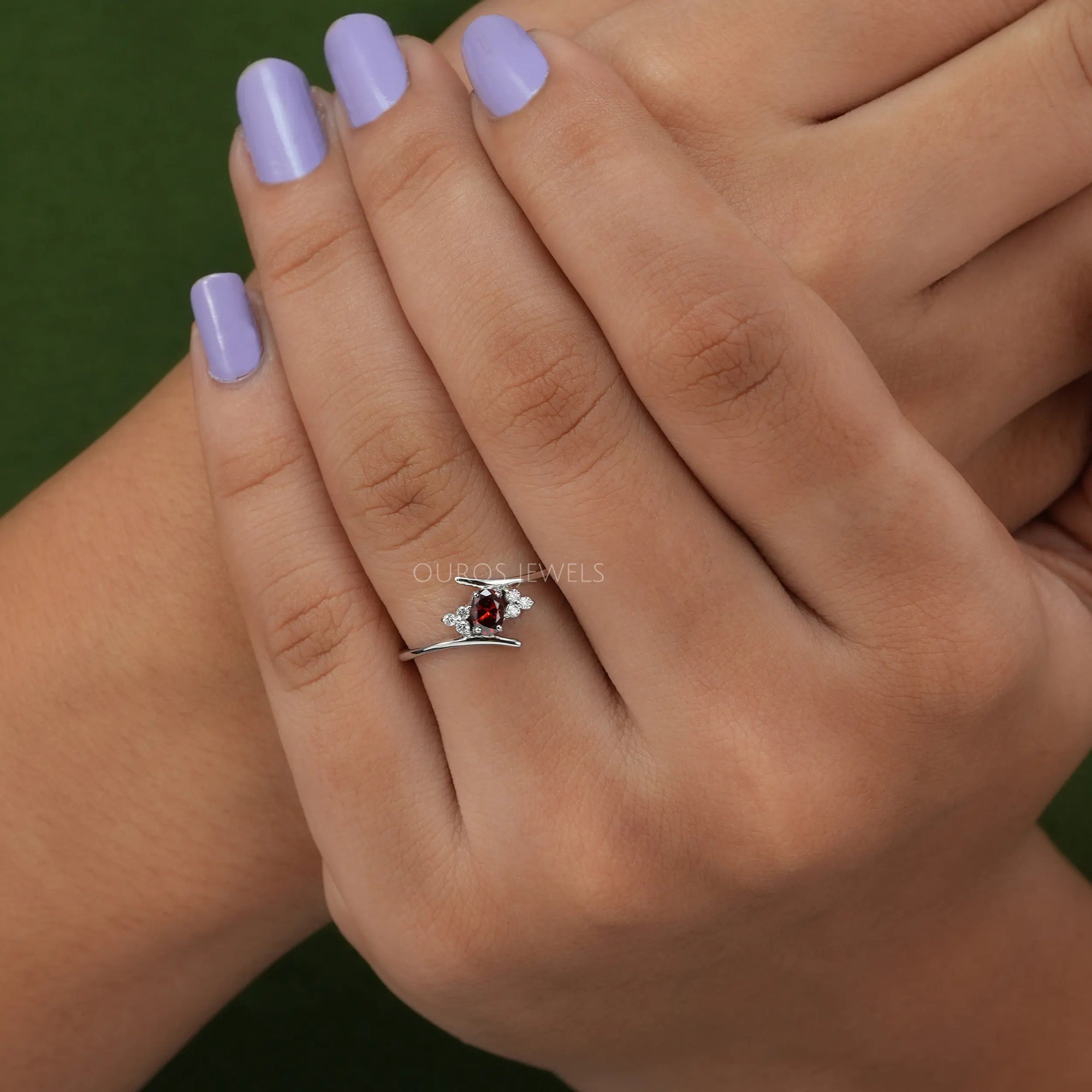 Red Oval Cut Lab Diamond Bypass Ring