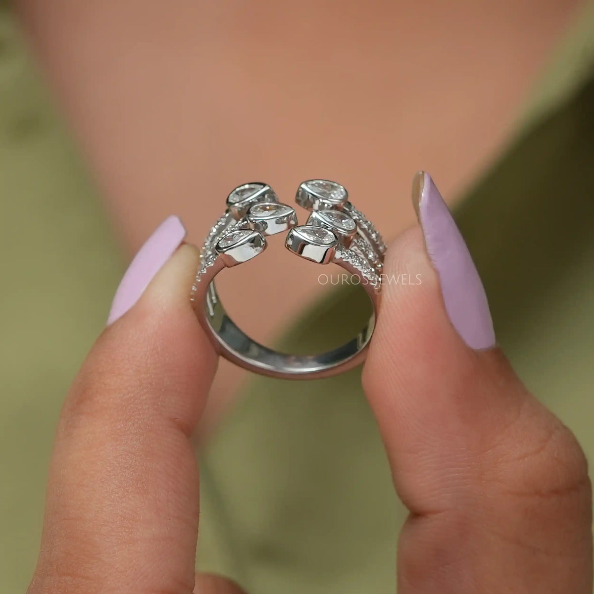 Three Row Pear Diamond Open Cuff Dainty Ring