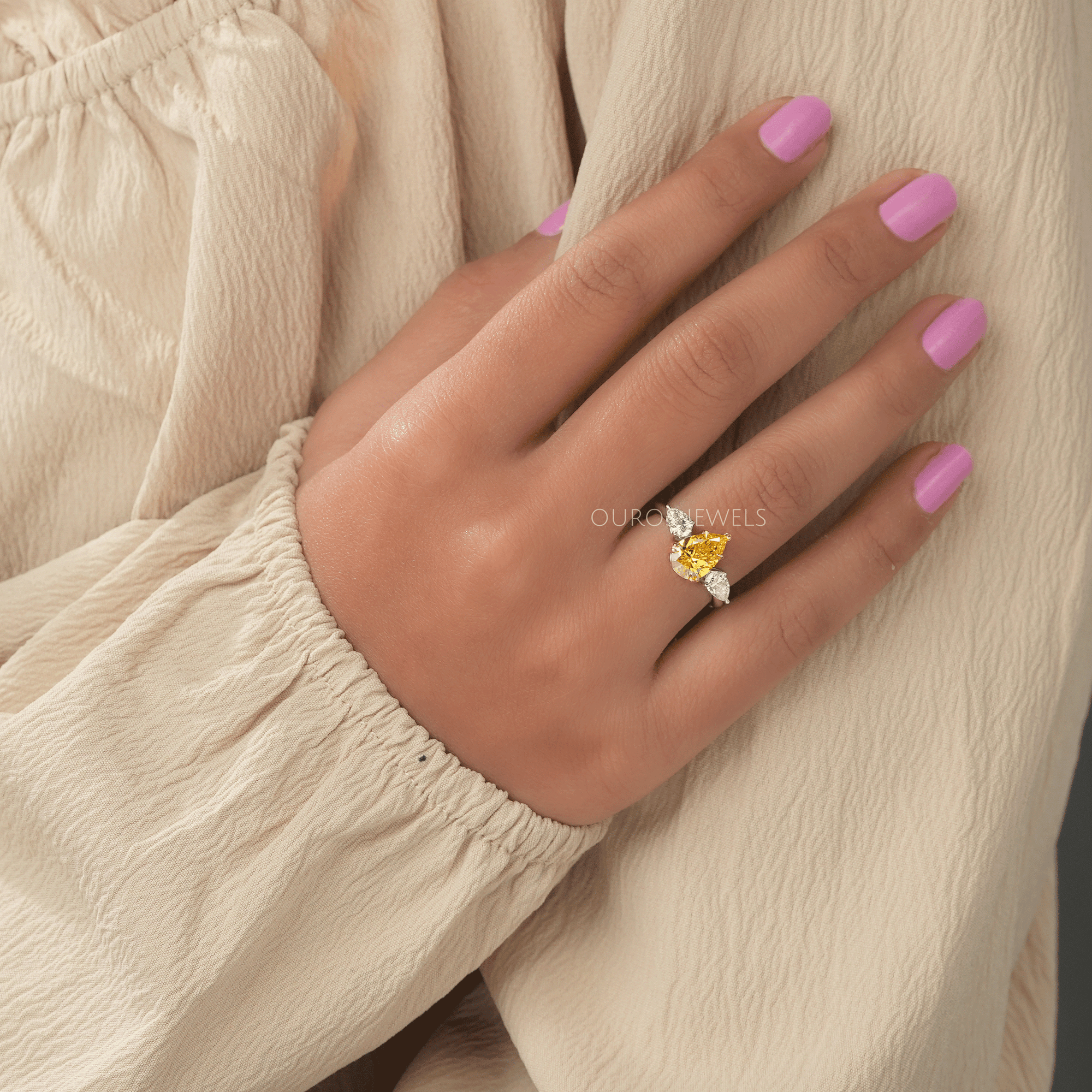 Yellow Pear Cut Lab Three Stone Diamond Ring