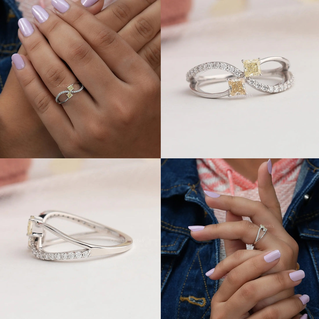 Yellow Princess Cut Bypass Setting Wedding Ring Rings