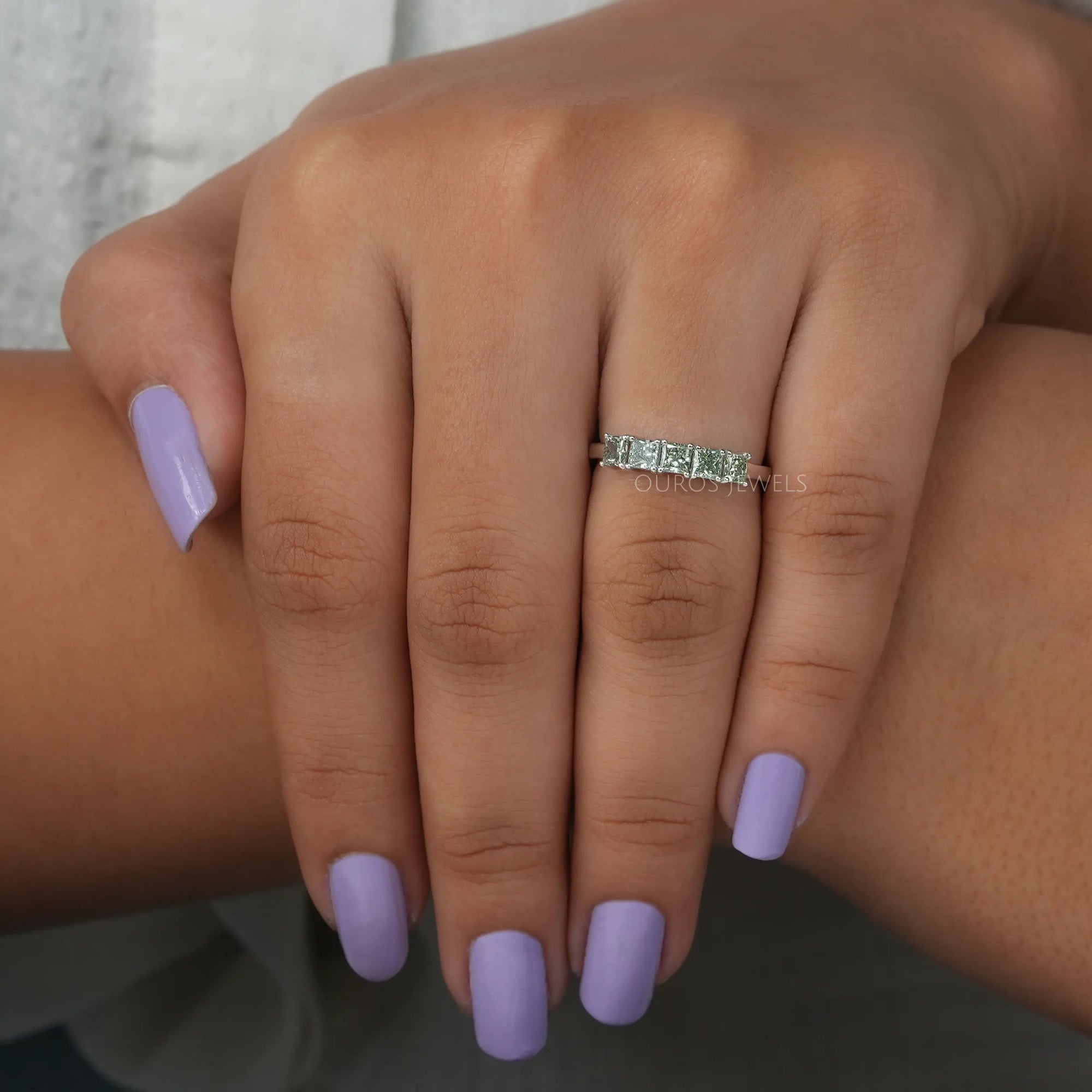 Green Princess Cut Five Stone Wedding Ring