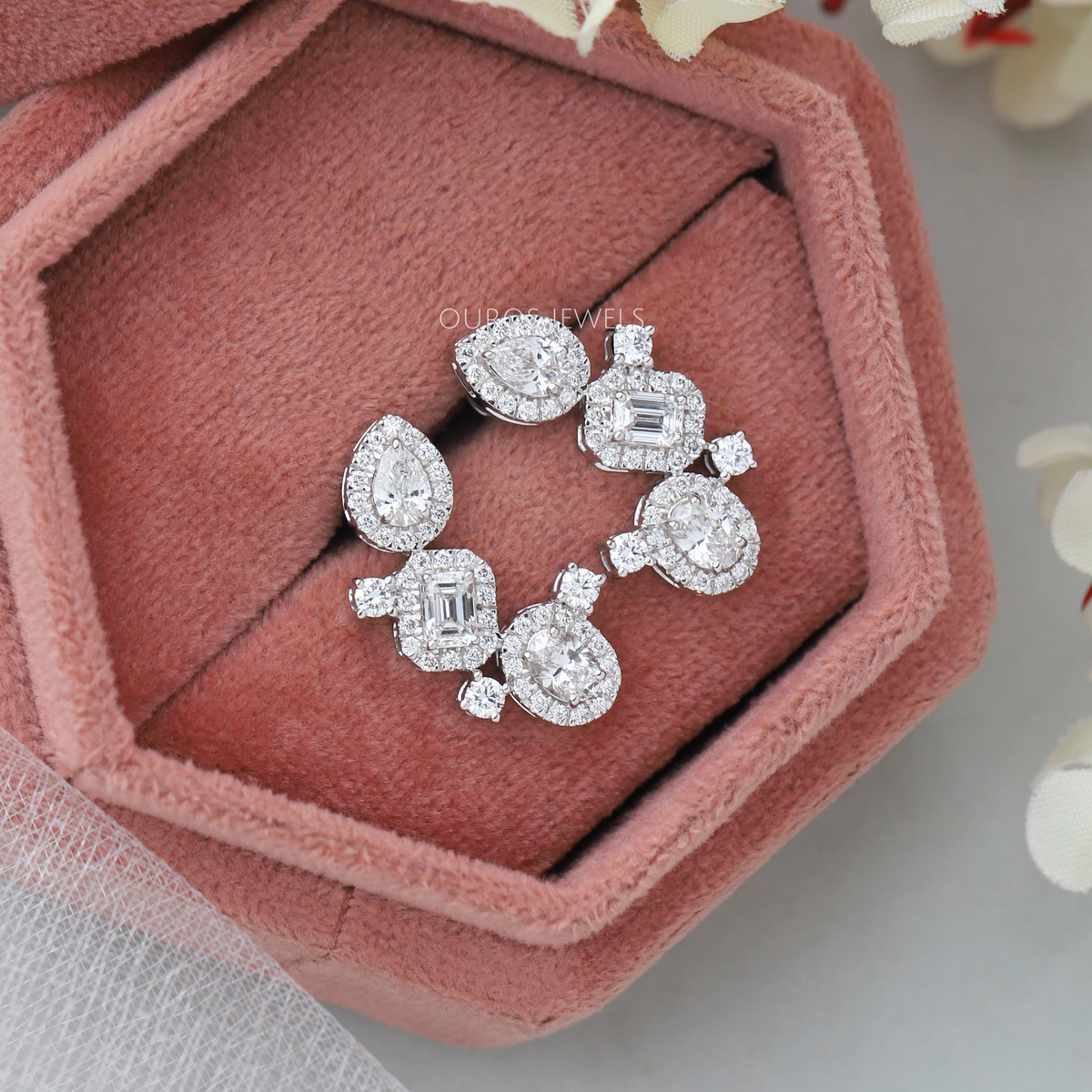 Multi Shape Halo Diamond Drop Earrings