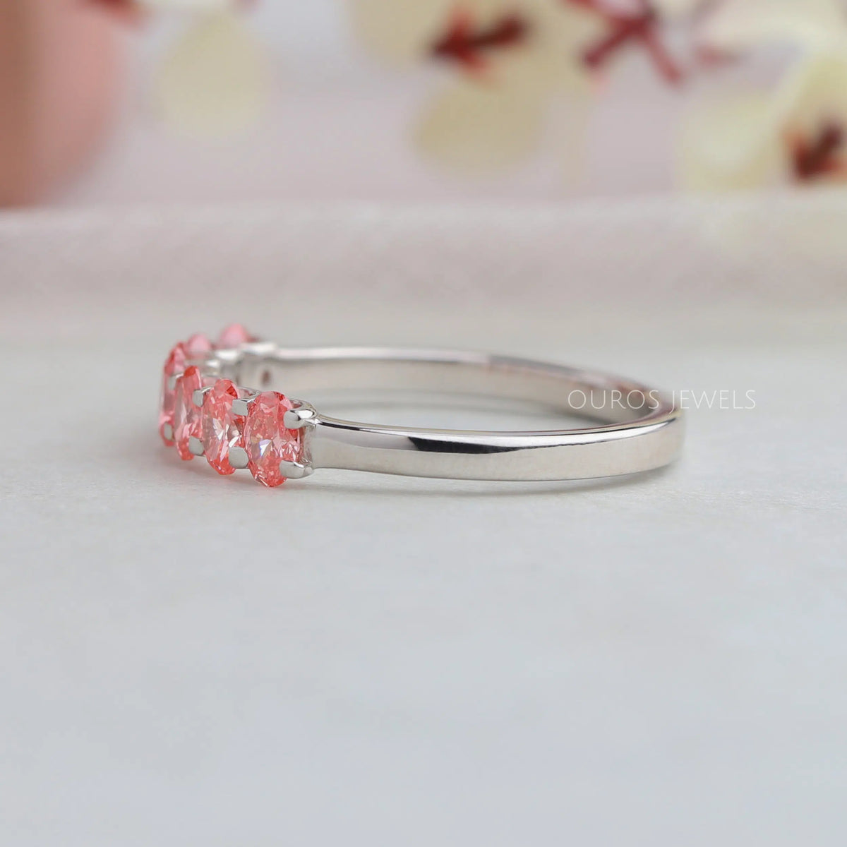 Pink and Blue Oval Seven Diamond Wedding Bands Ring
