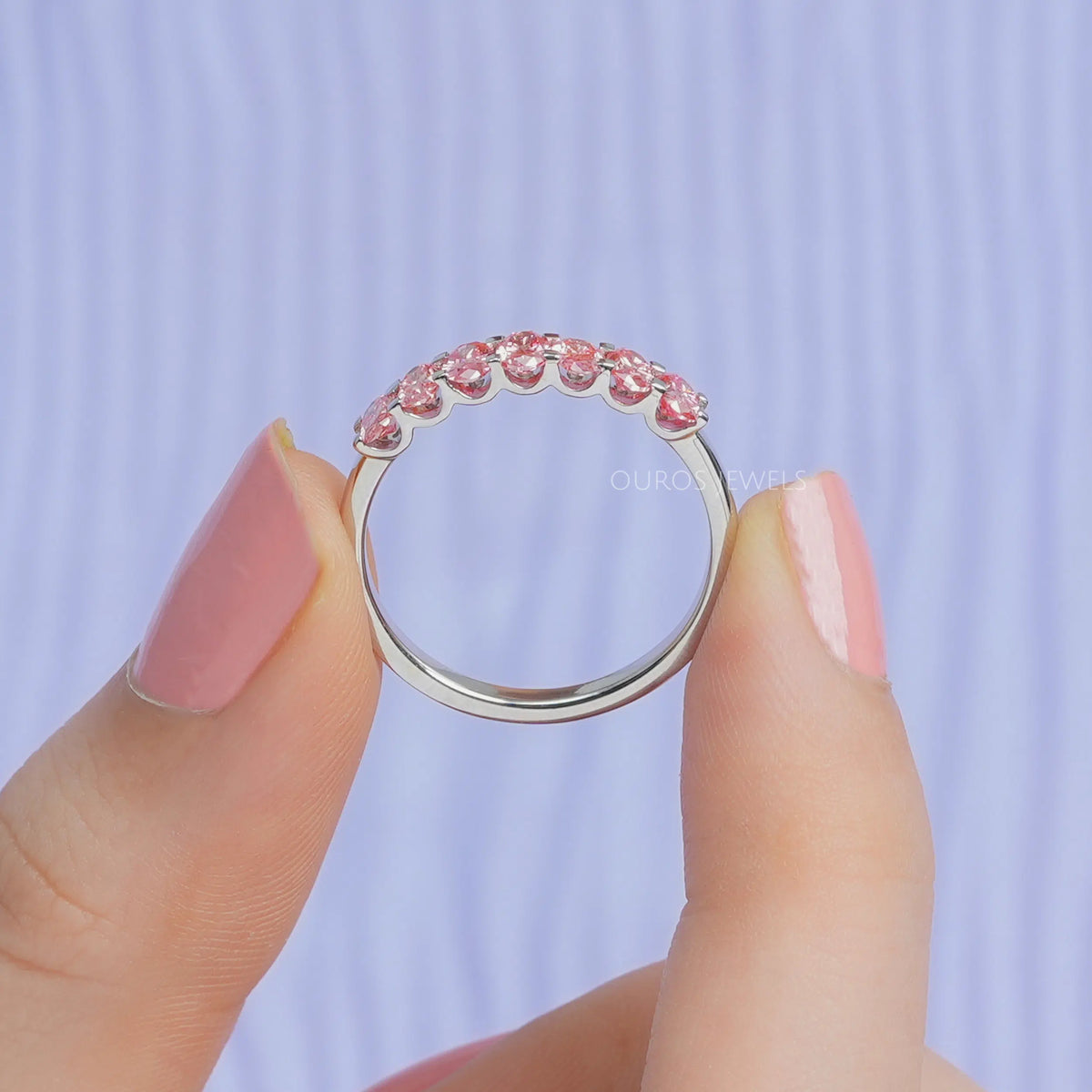 Pink and Blue Oval Seven Diamond Wedding Bands Ring