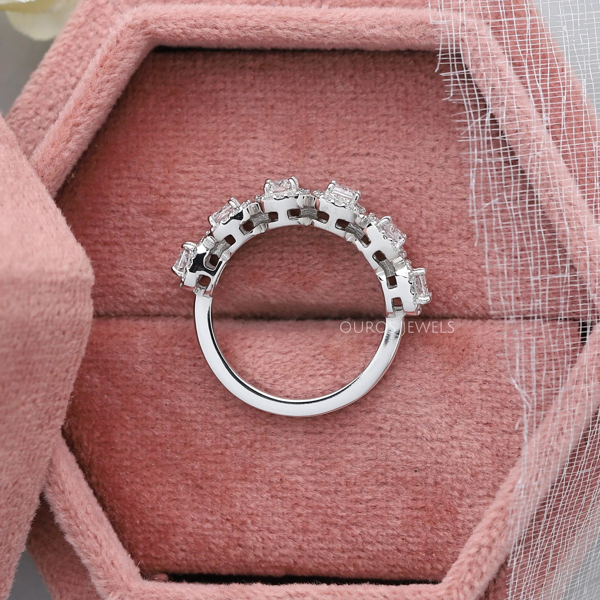 Radiant Cut Halo Half Eternity Wedding Band Rings