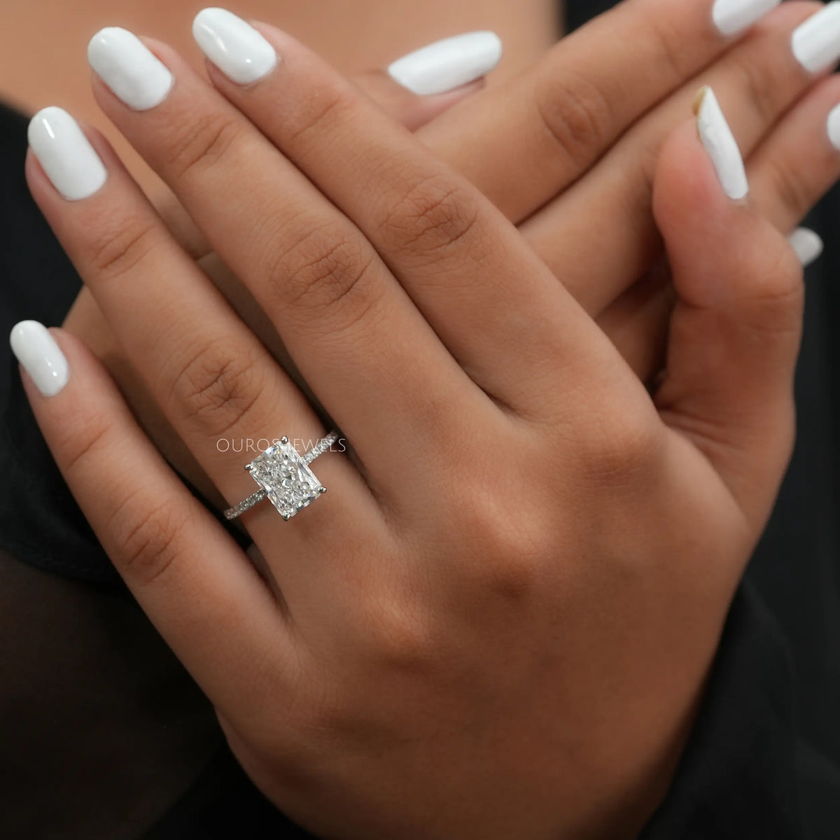 Radiant Cut Hidden Halo Solitaire Accent Engagement Ring