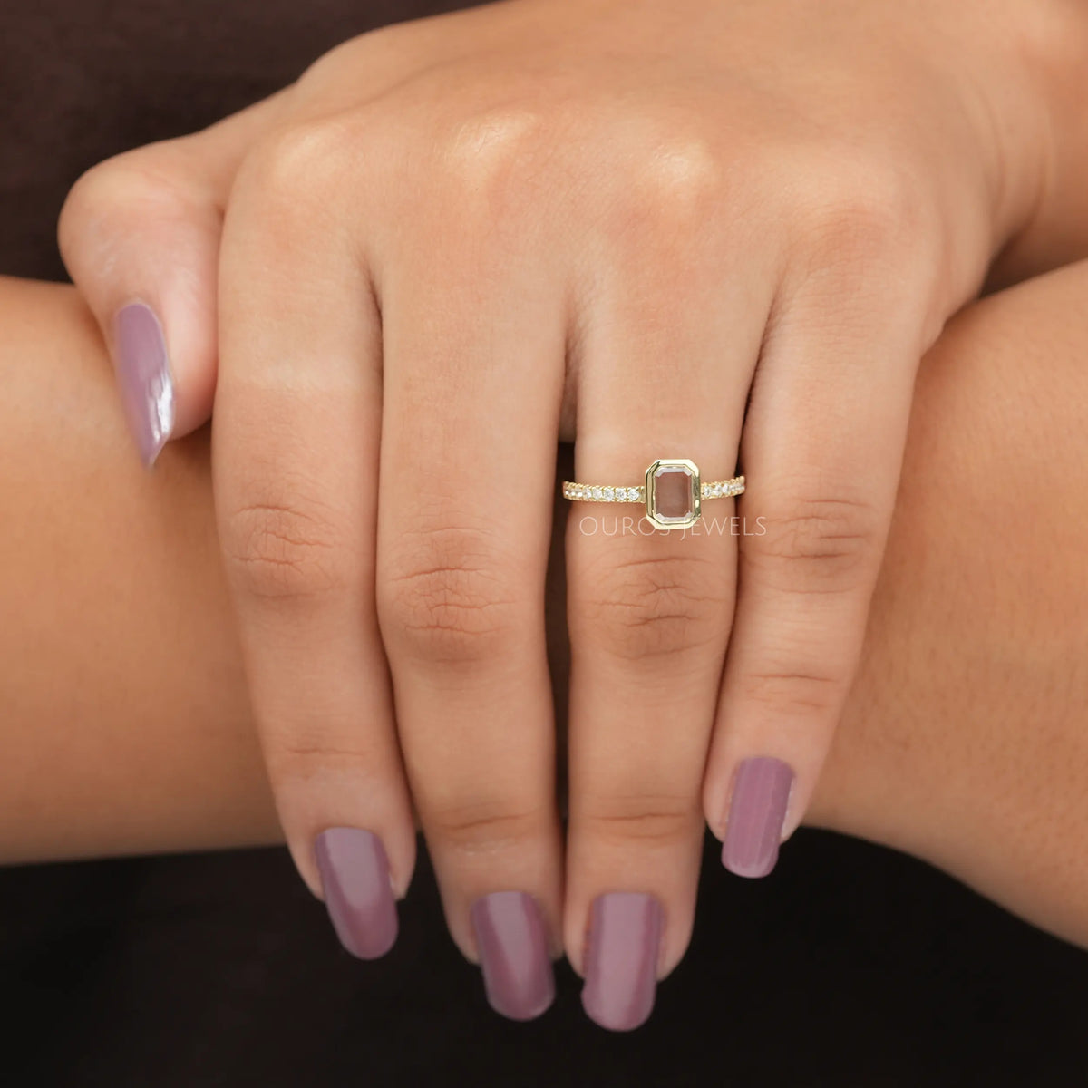 Portrait Cut Emerald Diamond Solitaire Accent Engagement Ring