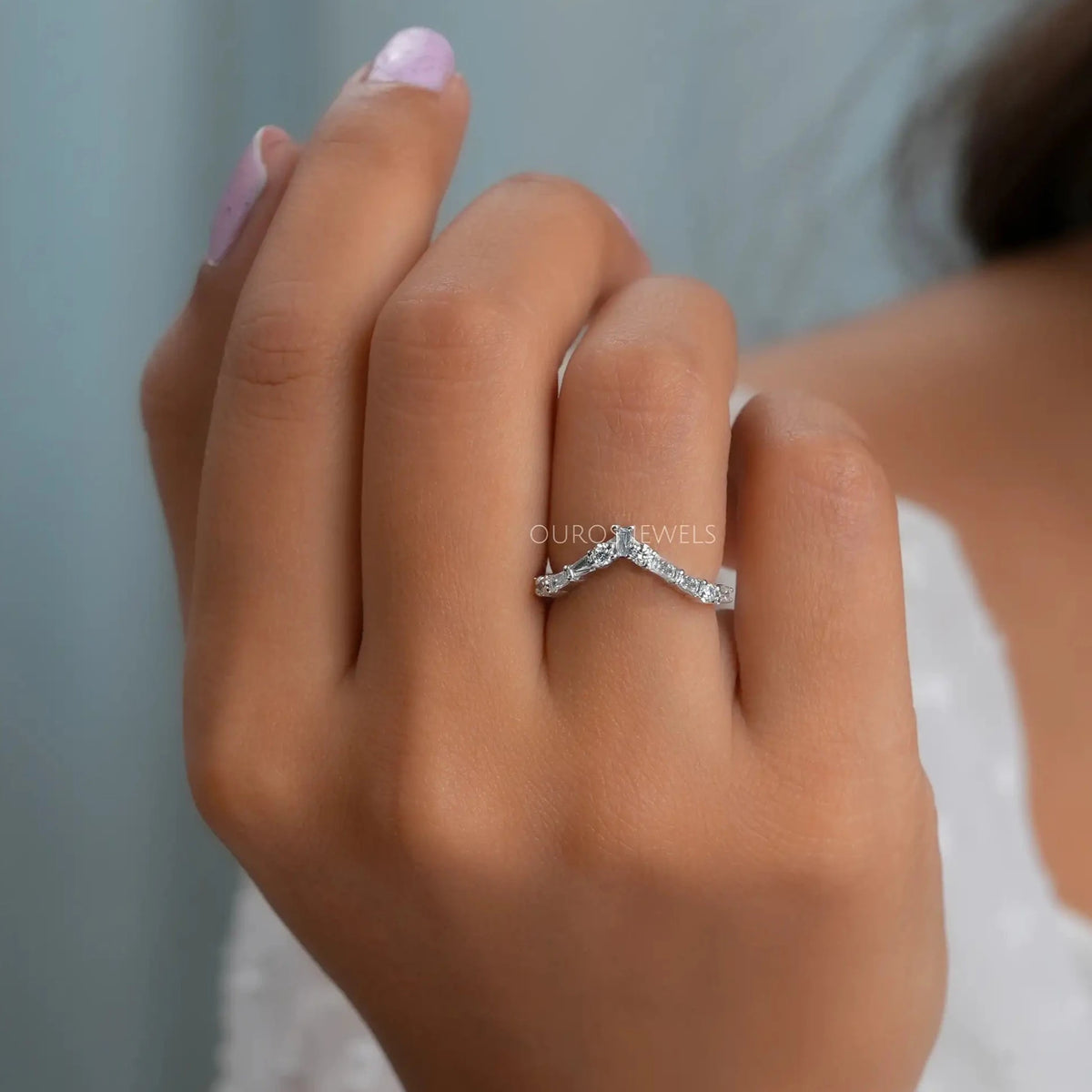 Tapered Baguette and Round Chevron Wedding Band Rings