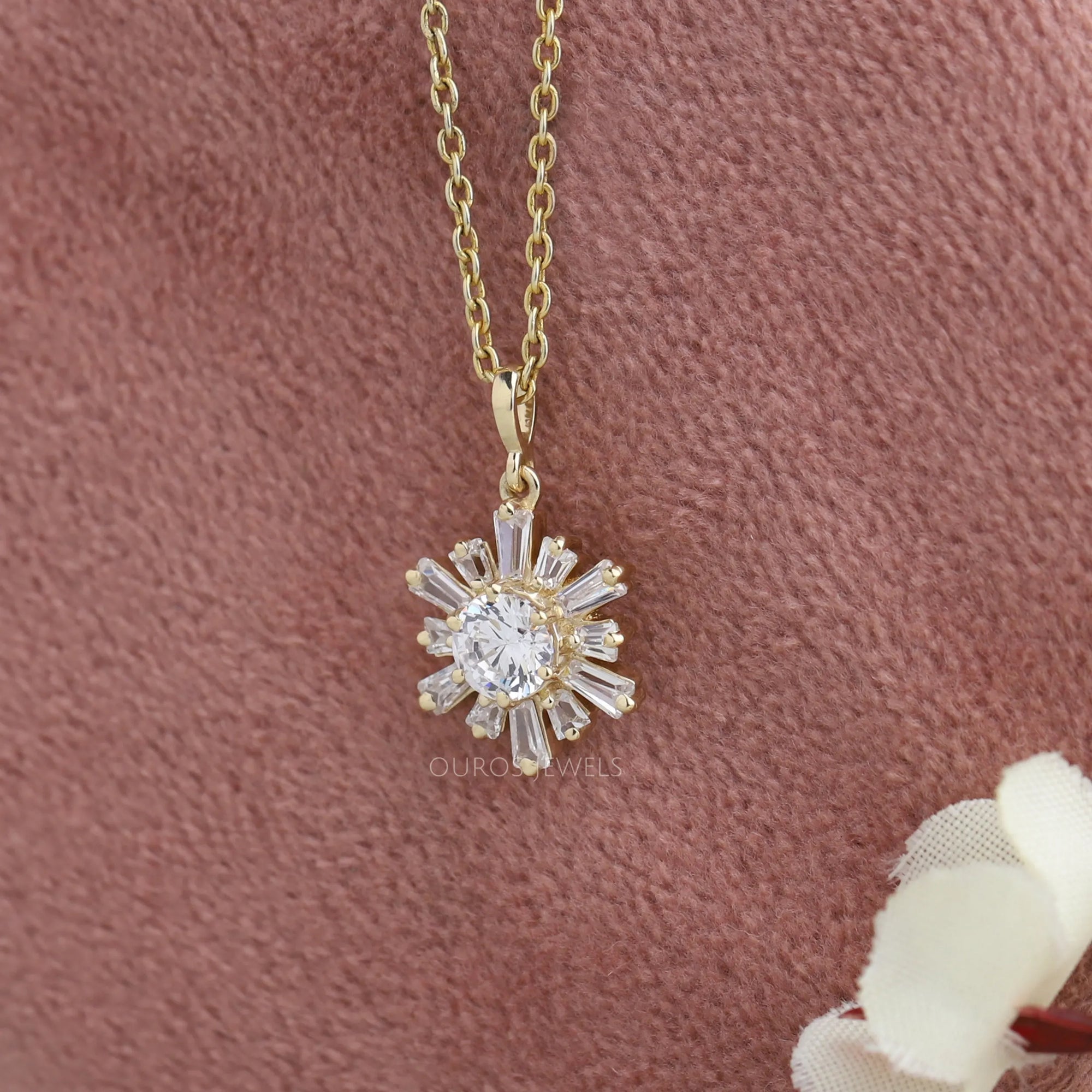 Tapered Baguette And Round Cluster Diamond Necklace Necklaces